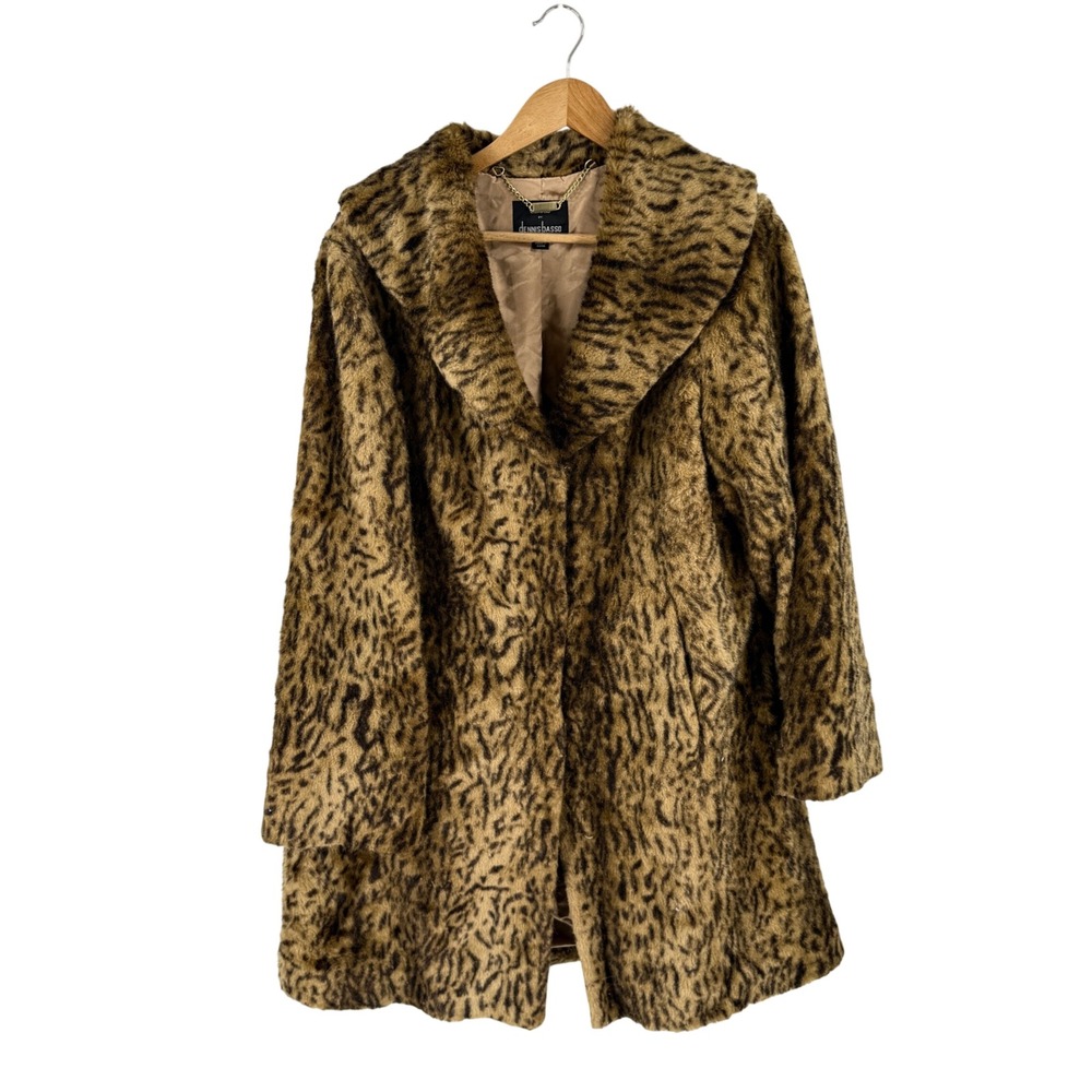 Dennis Basso Faux Fur Coat Brown Large Leopard Animal Print Glam Luxury Mob Wife